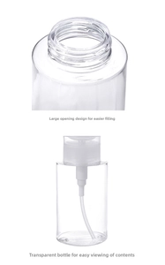 Close-up of wide-mouth opening on a transparent PET plastic pump bottle for easy refills