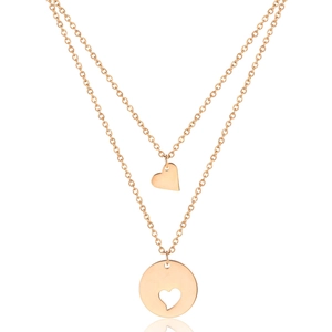 Double-layered rose gold stainless steel necklace with solid heart and cutout circle pendant