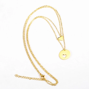 Double-layered golden stainless steel necklace with solid and hollow heart pendants