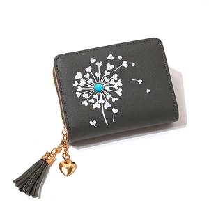 Minimalist grey PU leather short wallet featuring heart dandelion print and tassel charm