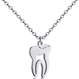 Détail macro d'un collier en acier inoxydable argenté avec pendentif dent évidée