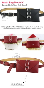 Detail of adjustable PU leather waist bag with rivets in black, wine red, and camel colors