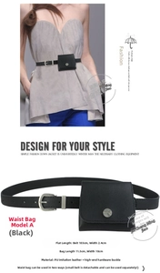 Detail of black PU leather waist bag and slim belt with polished metal buckle