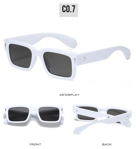 Vue sous trois angles de lunettes de soleil carrées blanches vintage avec des rivets