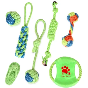7-piece green cotton rope pet toy set including knotted balls and durable chew frisbee