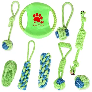 Detailed 9-piece dog rope toy set in neon green and blue for chewing and interactive play