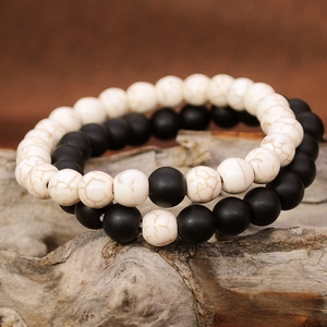 Set of two minimalist 8mm black and white turquoise stone bead bracelets for couples