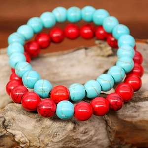 Fashion 8mm natural stone bead bracelet set in turquoise blue and red with elastic cord