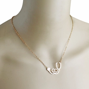 Medical heartbeat stethoscope heart pendant necklace in rose gold stainless steel for women
