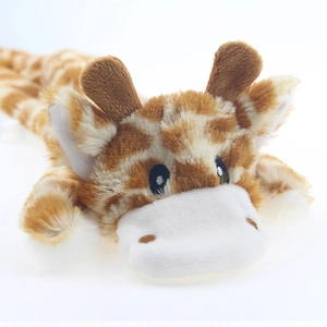 Detailed close-up of a plush giraffe pet toy with soft spotted fabric and cute 3D features
