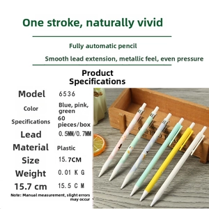 Detail of mechanical pencils with 0.5mm lead and pastel colors on a rustic wooden desk