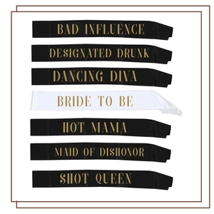 Set of 7 silk satin party sashes in black and white with gold bride to be lettering