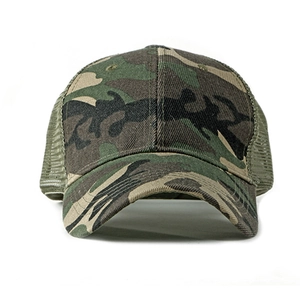 Classic jungle camouflage trucker hat with breathable army green mesh and curved brim