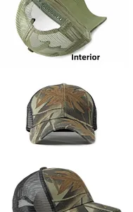 Detailed view of camouflage trucker hat with mesh back and adjustable snapback closure
