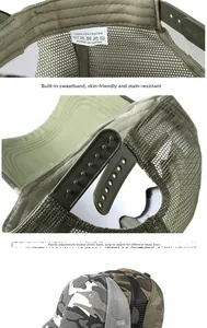 Detail of breathable mesh camouflage trucker hat featuring snapback closure and inner sweatband