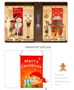 Detailansicht eines roten Weihnachtsbanners mit Schneemann und Holzstange für Fenster