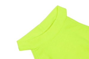 Close-up of the neon green ribbed fabric texture and crew neck collar detail