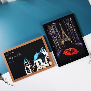 A4 city night view scratch art kit featuring Eiffel Tower and Aegean Sea in frames