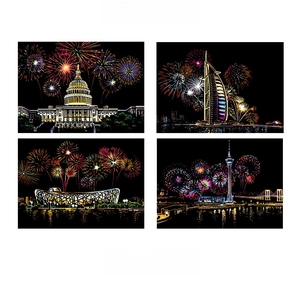 Detailed views of four world landmark scratch art cards with colorful fireworks designs