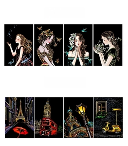 Detailed set of DIY scratch art cards featuring city landmarks and artistic girl patterns