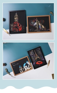 Detail of A4 city night world landmarks scratch art set with black and wooden frames