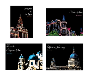 Artistic night view city landmarks scratch art postcards set with 4 famous buildings
