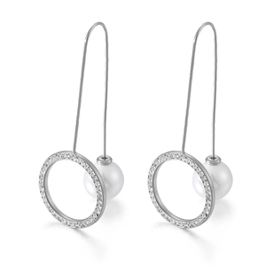 Silver long drop earrings featuring white round pearls and sparkling rhinestone accents