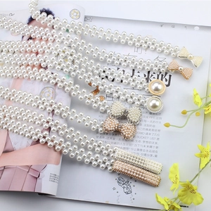 Elegant Faux Artificial Pearl Elastic Waist Belt For Dresses Vintage Stretch Thin Waist Chain With Rhinestone Alloy Buckle For Women