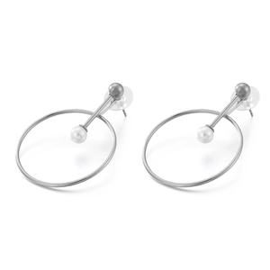 Sleek silver hoop earrings with white pearls and matchstick design on white background