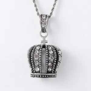 Crown Pendant Stainless Steel Hip Hop Men Iced Out Cubic Zirconia Retro Silver Style Royal Fashion Accessory