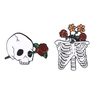 Gothic skull with rose and flower ribcage enamel pin set for denim jackets and bags