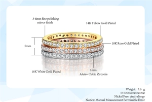 Detail of 5mm wide three-tone stacked eternity rings with 1mm AAA+ CZ micro-pave stones