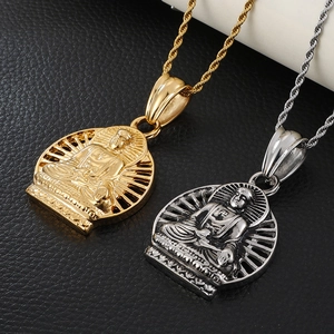 Pendentif Bouddha vintage en acier inoxydable doré et argenté avec chaînes torsadées