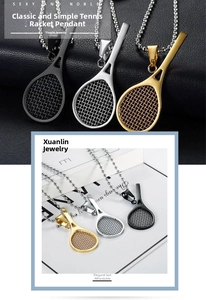 Detailed macro view of tennis racket pendants in black, silver, and gold steel finishes