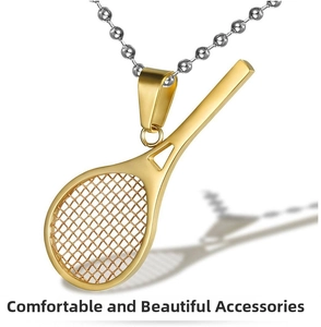 Detailed close-up of polished tennis racket pendant with silver bead chain