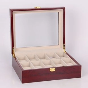 Polished wood watch display case with ten slots, glass window, and metal lock buckle