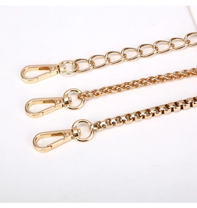 Detailed view of three gold-plated metal chain strap styles with secure lobster clasps