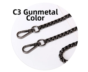 Detailed view of gunmetal square chain strap with lobster clasps for handbags