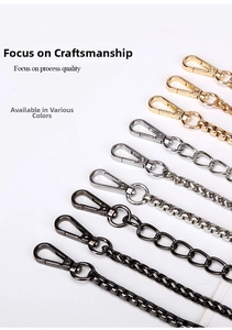 Detail view of various metal replacement chains for handbags in gold, silver and black