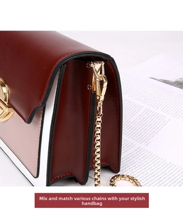 Detail of tricolor leather bag with gold buckle and detachable chain strap accessories