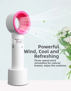 Macro detail of bladeless mini fan with 3 adjustable wind speeds and pink ring finish