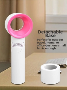 Portable pink bladeless fan with a detachable base for handheld or desktop use