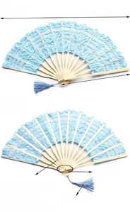 Front and back detail of a blue lace folding fan with bamboo ribs and tassel ornament