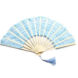 Detail of blue lace folding fan with floral patterns and matching silk tassel