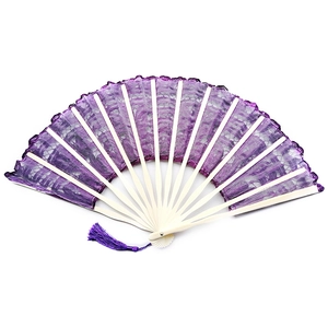 Detailed view of an open purple lace hand fan with floral embroidery and silk tassel