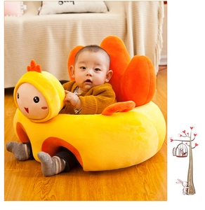 Infant plush learning seat in yellow chicken design used by baby in a cozy living room