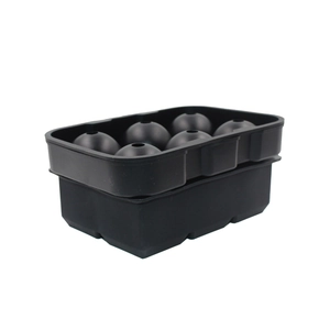 Detail of 6-hole black food-grade silicone ice mold for making spherical ice cubes