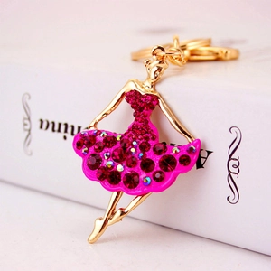 Golden ballet dancer keychain with rose red rhinestones and crystal dress accessory