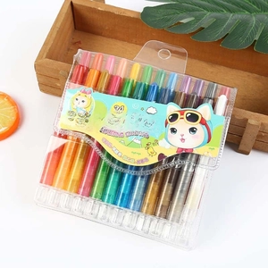 Detailed top view of 24-color rotating washable crayons set in clear plastic case