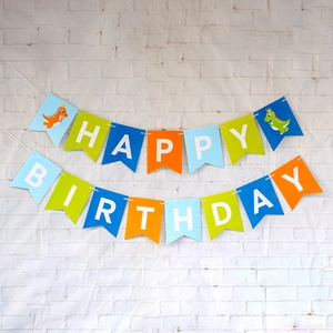 Colorful dinosaur-themed Happy Birthday banner for baby boy 1st birthday party decor
